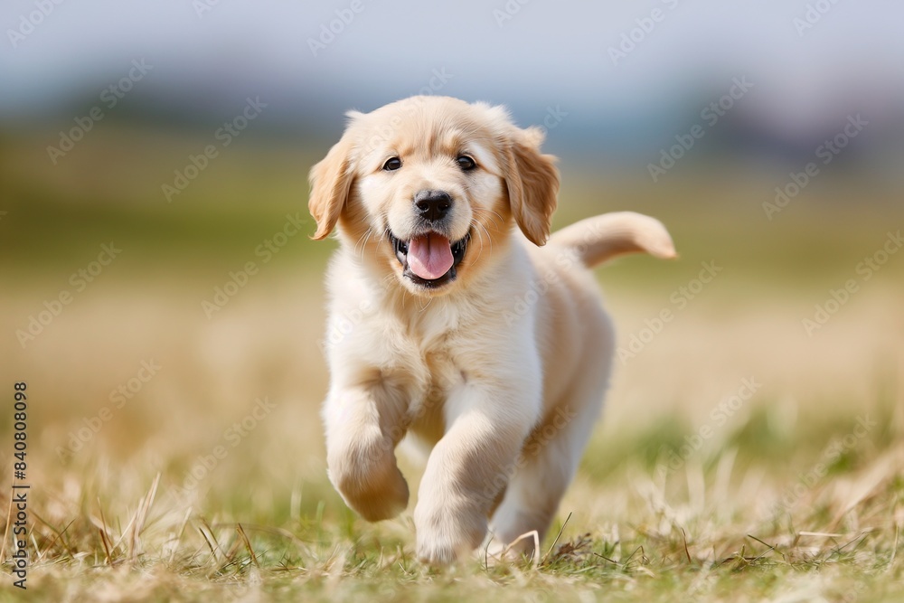 Portrait photo of a happy golden retriever puppy running towards the camera, with a blurred background. There's soft natural light. Portrait photo of a happy golden retriever puppy running towards the camera, with a blurred background. There's soft natural light.