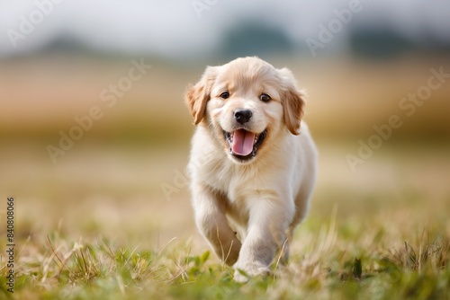 Portrait photo of a happy golden retriever puppy running towards the camera, with a blurred background. There's soft natural light.