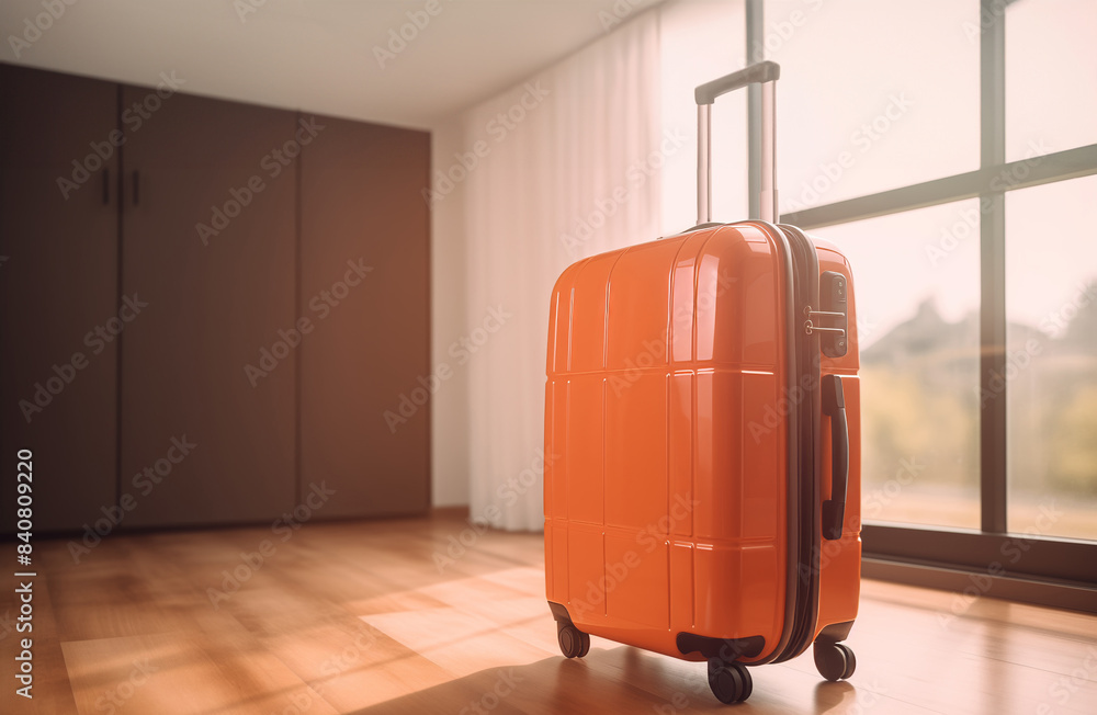 a suitcase with wheels on the floor in front of a window, with a bright and clean background a suitcase with wheels on the floor in front of a window, with a bright and clean background