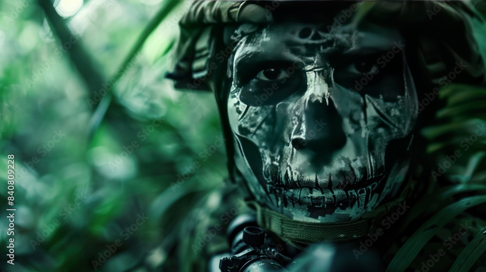 Illustration of a soldier's face with a skull mask and military equipment on a forest background. Ai generated image Illustration of a soldier's face with a skull mask and military equipment on a forest background. Ai generated image