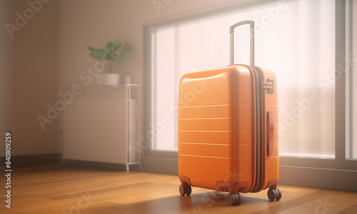  a suitcase with wheels on the floor in front of a window, with a bright and clean background