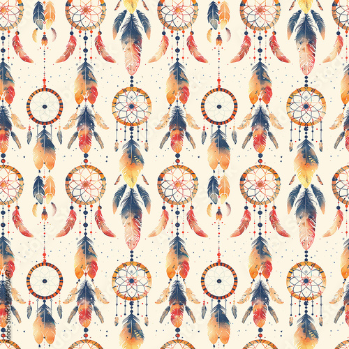 Watercolor Dreamcatcher Pattern With Feathers and Beads