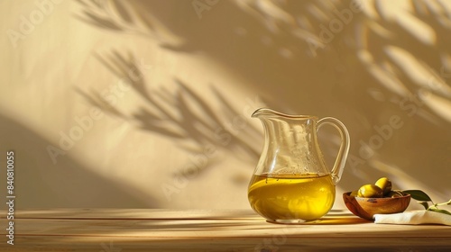 A medium photo featuring a glass pitcher filled with freshly pressed olive oil accompanied by a bowl photo