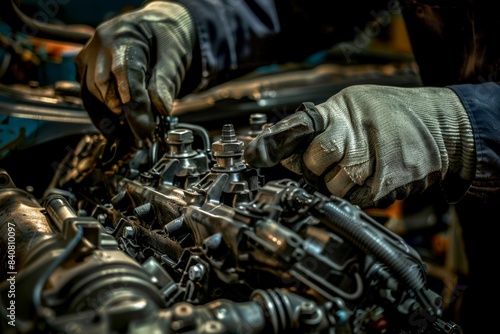 Professional Mechanic Using Precision Tools to Maintain and Repair a Car Engine in a Modern Workshop