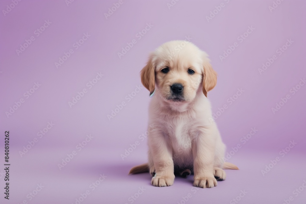 Studio portrait photo of a cute golden retriever puppy sitting against a background of pastel shades, with copy space. Studio portrait photo of a cute golden retriever puppy sitting against a background of pastel shades, with copy space.