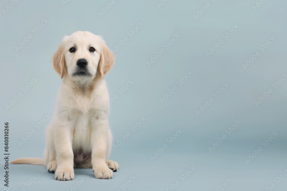 Studio portrait photo of a cute golden retriever puppy sitting against a background of pastel shades, with copy space. Studio portrait photo of a cute golden retriever puppy sitting against a background of pastel shades, with copy space.