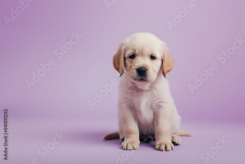 Studio portrait photo of a cute golden retriever puppy sitting against a background of pastel shades, with copy space. © Mark G