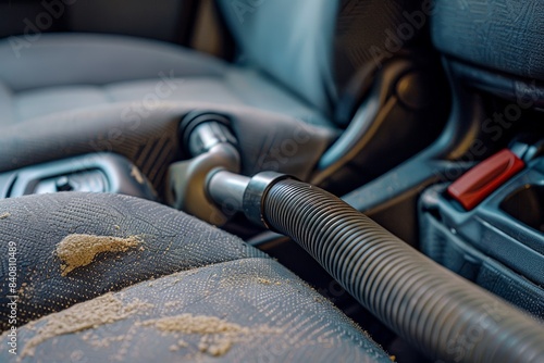 Close Up of Vacuum Cleaner Hose Removing Dust and Debris from Car Seats for Detailed Cleaning photo