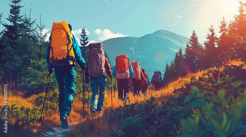 Group of hikers on a trail flat design front view outdoor adventure animation Split complementary color scheme photo