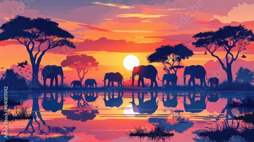 A herd of elephants at a watering hole flat design front view African landscape water color Triadic Color Scheme