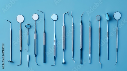 An overhead view of a collection of dental instruments  including mirrors and probes  arranged neatly on a blue background