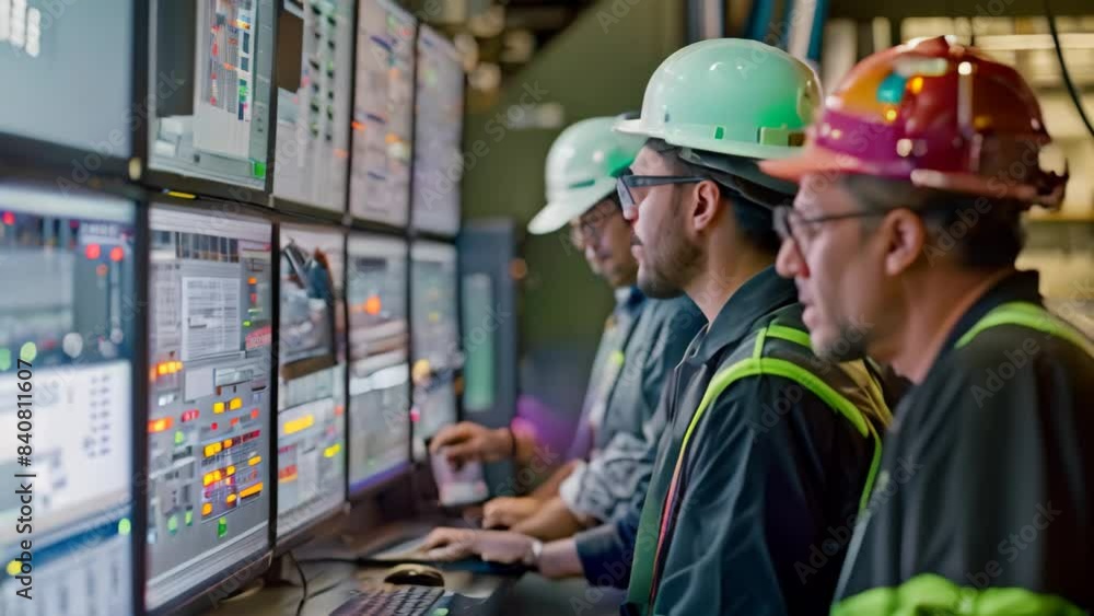 Group of men in hard hats working together on a computer screen, optimizing operations, A team of engineers collaborate to optimize operations using a SCADA system Group of men in hard hats working together on a computer screen, optimizing operations, A team of engineers collaborate to optimize operations using a SCADA system