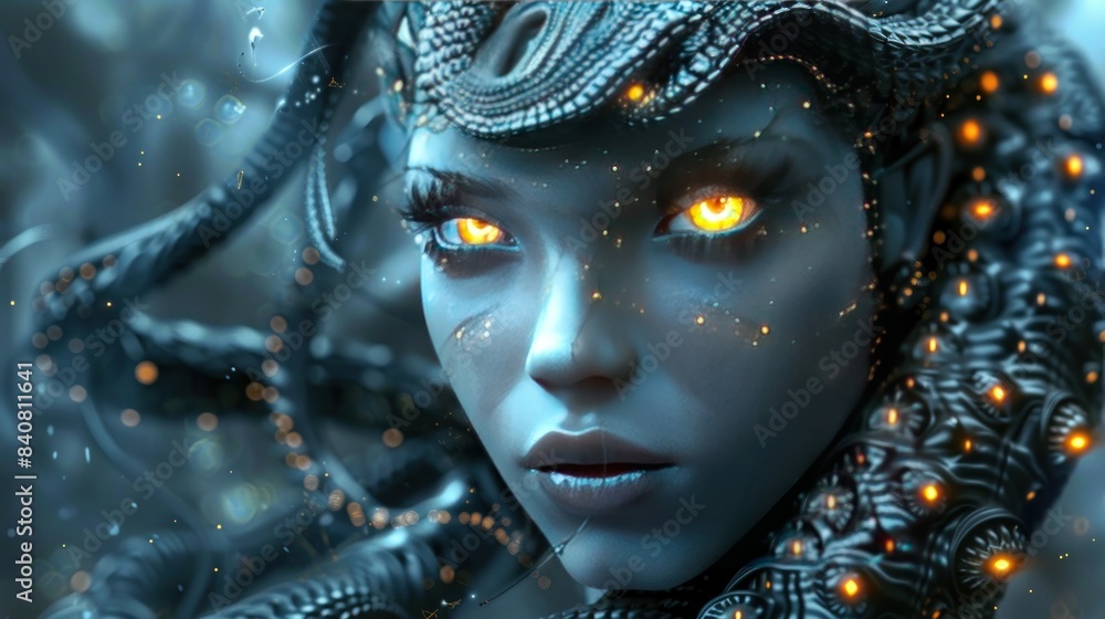 close up view of cyber snake woman with glowing eyes. Ai generated image close up view of cyber snake woman with glowing eyes. Ai generated image
