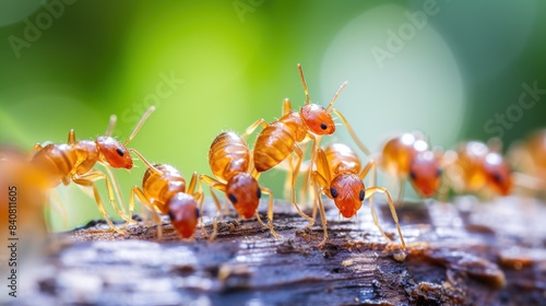 A group of ants are gathered on a log photo