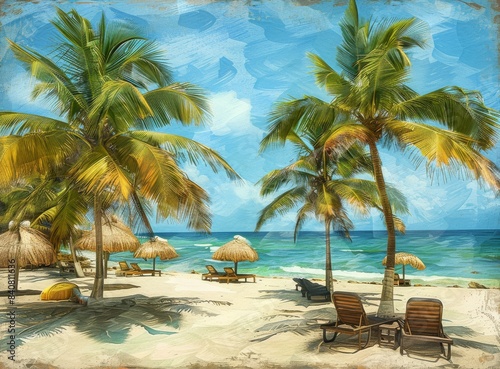 A beautiful Caribbean beach with palm trees and round straw chairs  sunny day  blue sky  high resolution photography