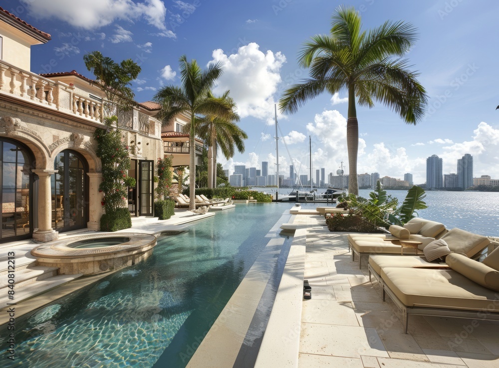 Fototapeta premium A beautiful Miami mansion with palm trees and tropical plants, overlooking the city skyline and bay area.
