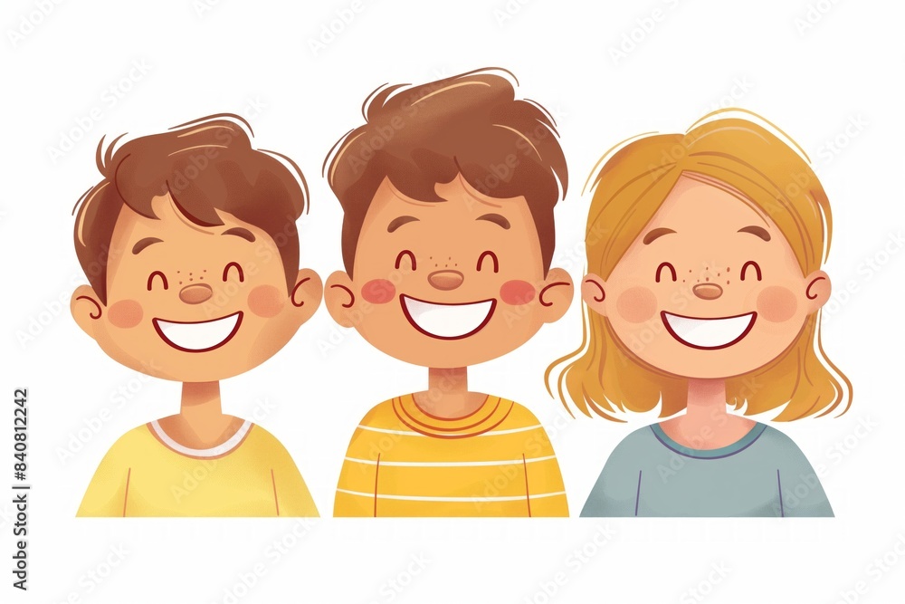 Three cheerful kids smiling together, illustrated in a colorful and vibrant cartoon style Three cheerful kids smiling together, illustrated in a colorful and vibrant cartoon style