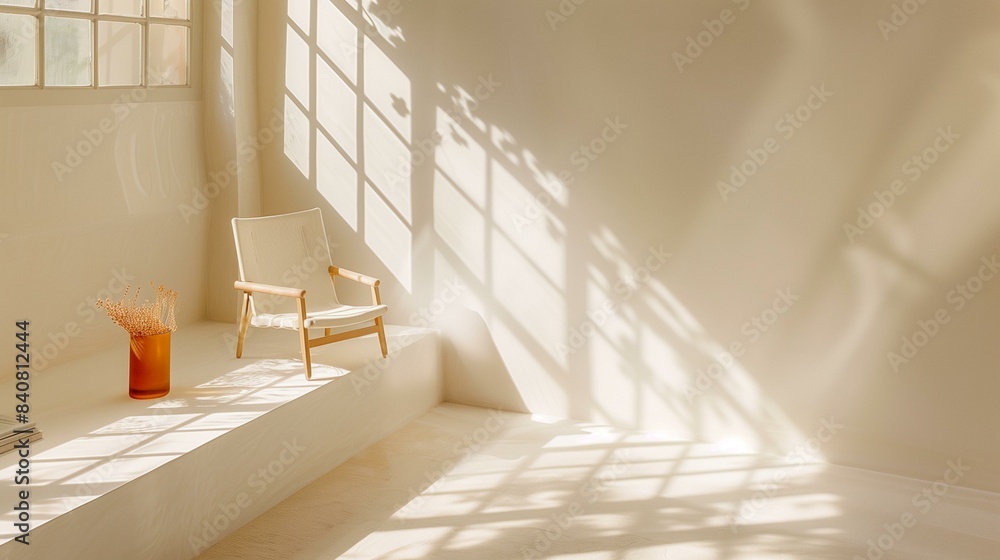 Obraz premium Chair in room with window vase with flowers on floor next to chair concept simple interior, calm still flower