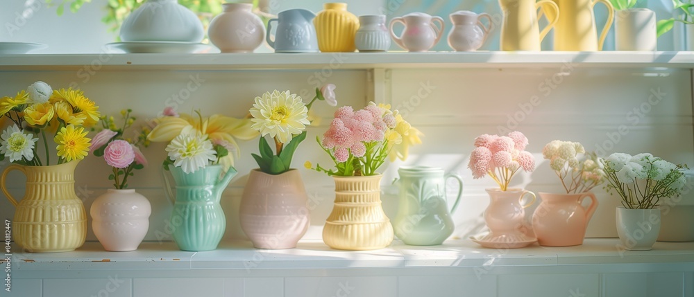 Vases flowers sit on shelf in front window in rustic farmhouse, vintage style kitchen home Vases flowers sit on shelf in front window in rustic farmhouse, vintage style kitchen home