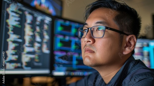 A cybersecurity professional wearing glasses focuses intently on lines of code displayed across multiple computer monitors in an AECSC office setting