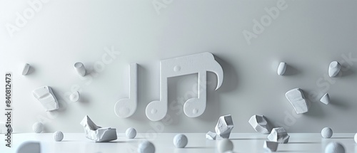 Simple white musical note on white background with scattered white rocks spheres, symbol elegant abstract contemporary photo