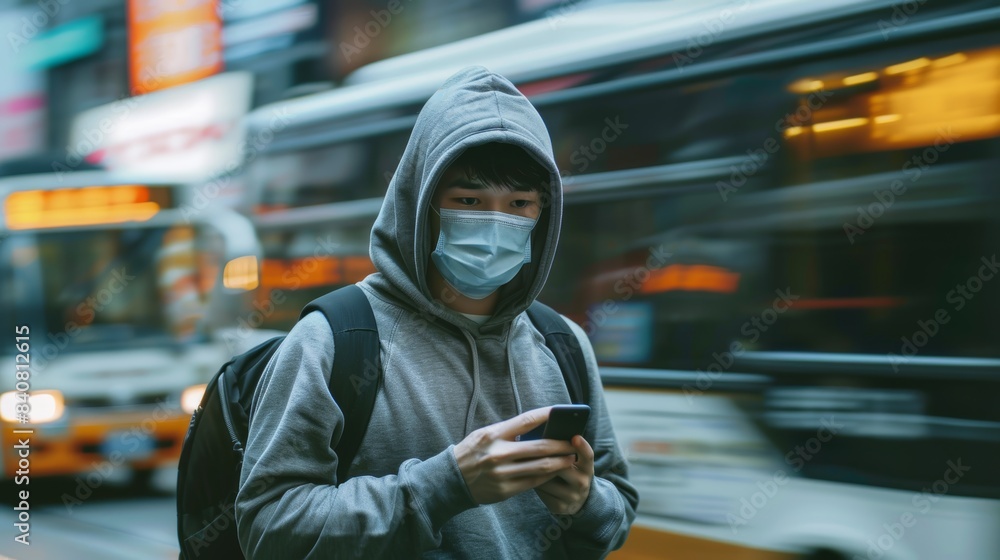 Man in city with mask, phone, and bus stop for morning commute, checking service schedule or location. Covid public transit safety, urban commute, and smartphone mobile app user in street Man in city with mask, phone, and bus stop for morning commute, checking service schedule or location. Covid public transit safety, urban commute, and smartphone mobile app user in street