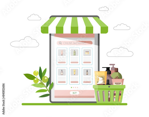 Set of natural cosmetics in shopping basket. Concept of green online store with eco-friendly beauty products. Health and skin care, beauty, hygiene. Online shopping. Stock vector illustration.