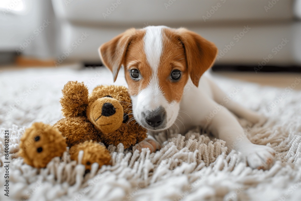 A cute puppy lying on the carpet with its head resting against its toy bear, the background is blurred. A cute puppy lying on the carpet with its head resting against its toy bear, the background is blurred.