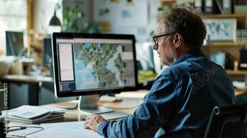 A wide-angle photo of a professional seated at a desk, analyzing geographic data on a computer screen with maps