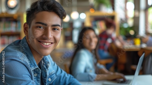 Photo of happy man at coworking desk with laptop, notes, and design agency work. Business, smiling, computer, office worker with innovative tech startup job confidence.