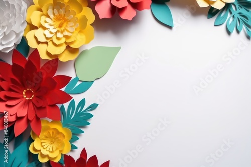Paper cut flowers and leaves surround empty copy space. Mockup. Wedding and party decorations. Background for publications and presentations