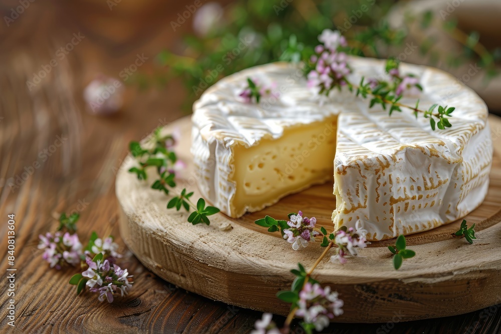 Camembert cheese with fresh thyme on wood Camembert cheese with fresh thyme on wood