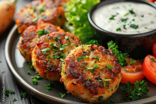 Close-up of healthy vegetable patties served with a creamy dipping sauce on a table