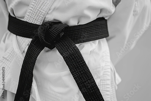 Karate black belt on white uniform photo