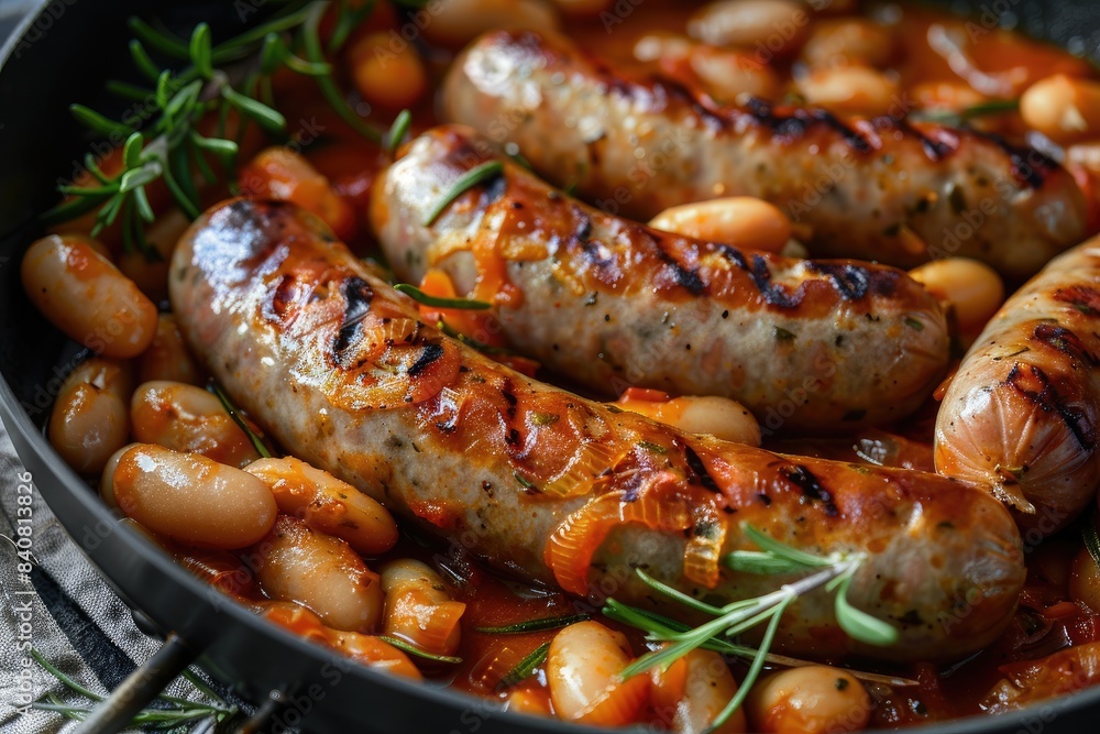 Grilled sausages with baked white beans in tomato sauce in frying pan Grilled sausages with baked white beans in tomato sauce in frying pan