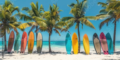 Line of vividly colored surfboards standing against coconut palms on a pristine tropical beach with blue waters