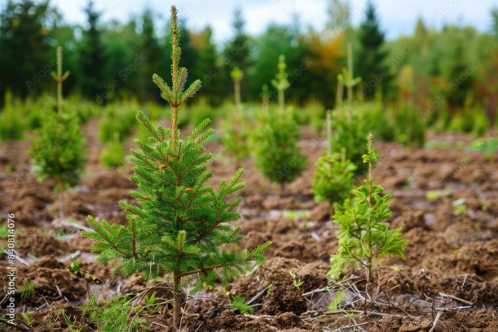 Spruce trees nursery or plantation, growing a young forest. Spruce trees nursery or plantation, growing a young forest.