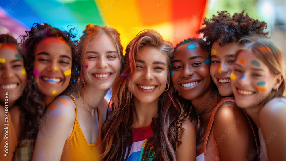 Group of Diverse Young Women Smiling Under Rainbow Canopy at Celebration Event Group of Diverse Young Women Smiling Under Rainbow Canopy at Celebration Event