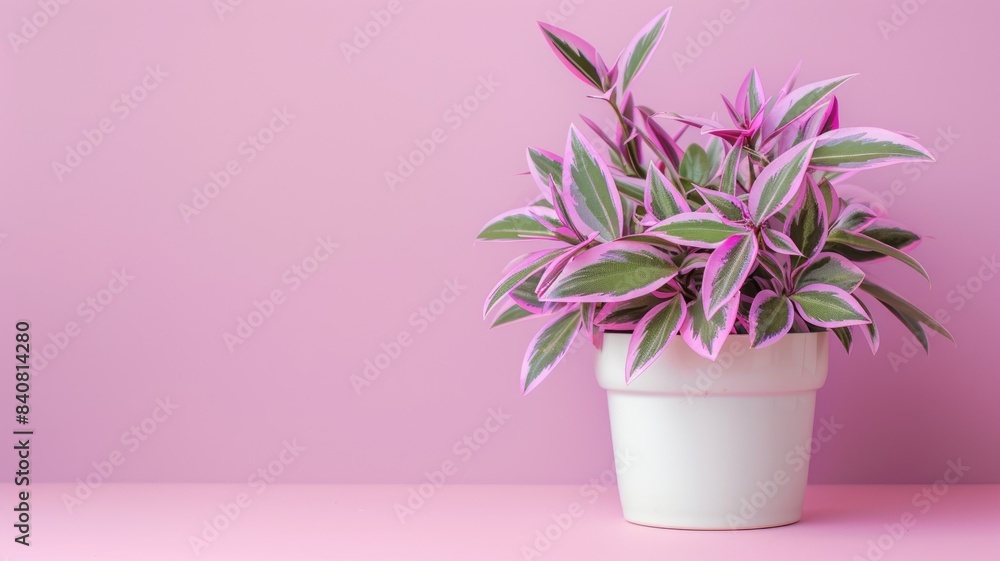 Obraz premium Tradescantia plant in a white pot against a pink background, highlighting its beautiful leaves.