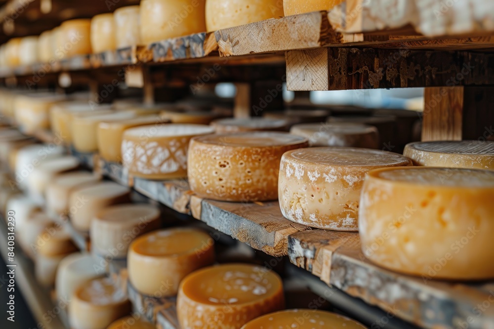 Rows of cheese wheels on wooden shelves Rows of cheese wheels on wooden shelves