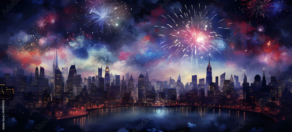 Naklejka premium a painting of a city at night with fireworks. a painting of a city street at night with fireworks