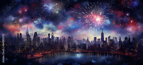 a painting of a city at night with fireworks. a painting of a city street at night with fireworks