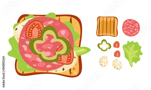 Sandwich simple illustration vector clip art , toast bread with lettuce leaf , baloney meat , and paprika .Overhead view of isolated Meat delicatessen product on toast. Vector flat on white. For menu