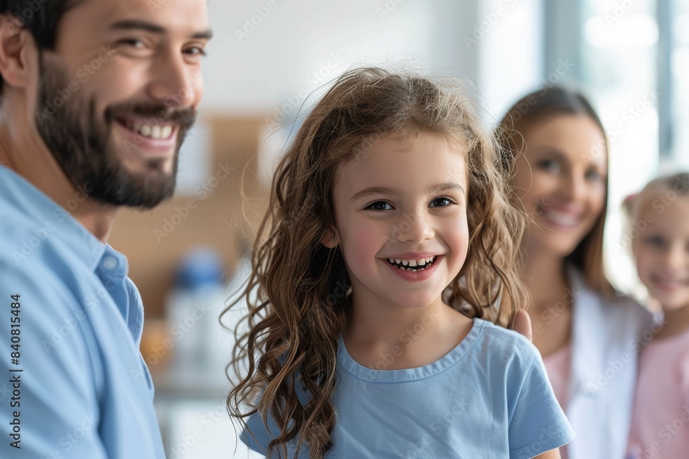 Happy Family Leaving Dental Clinic: Child's Successful Checkup, Smiling Parents Relieved Happy Family Leaving Dental Clinic: Child's Successful Checkup, Smiling Parents Relieved