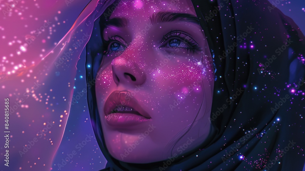 Woman with sparkling eyes in purple veil Woman with sparkling eyes in purple veil