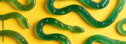 Green gummy snake candy on orange background
