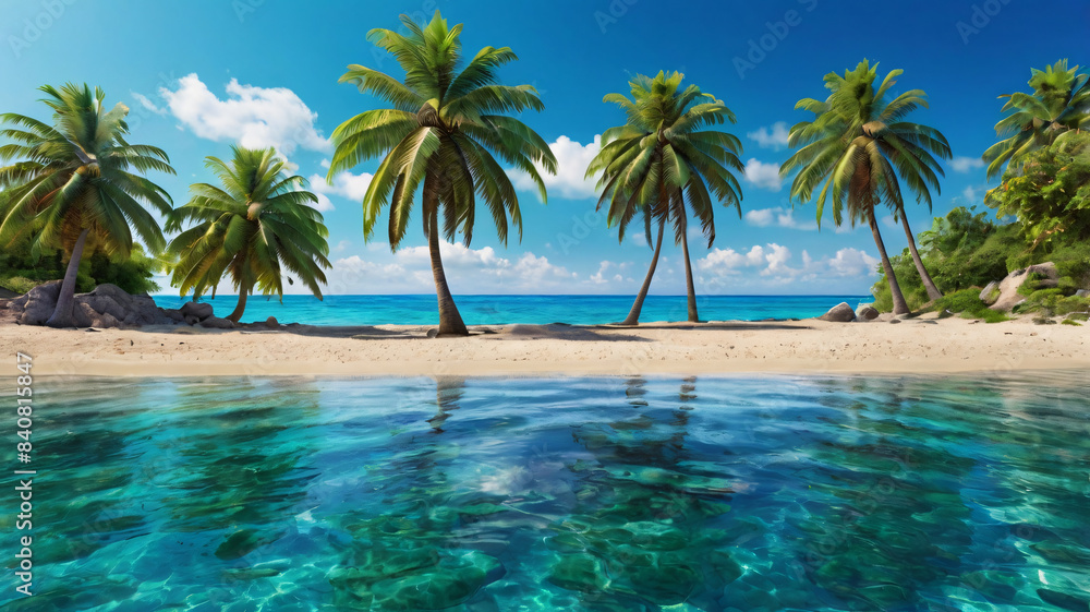 View of the beach with blue water and palm trees taken from a coast for Hello Summer. View of the beach with blue water and palm trees taken from a coast for Hello Summer.