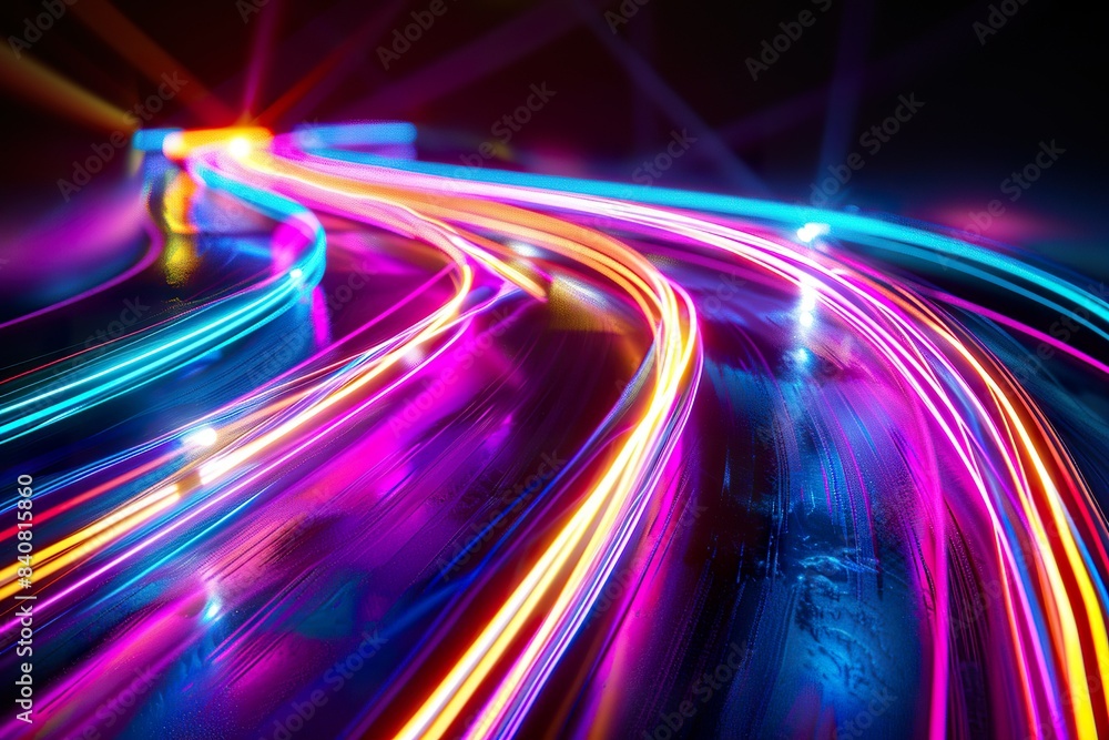 3D Render, Colorful Speed neon light trail on dark background, abstract motion curve light beam of fast moving, technology concept 3D Render, Colorful Speed neon light trail on dark background, abstract motion curve light beam of fast moving, technology concept
