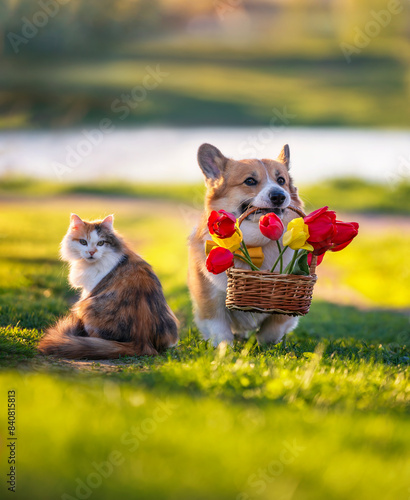 cute corgi dog holds a basket of tulips in his teeth for a fluffy cat in a su...