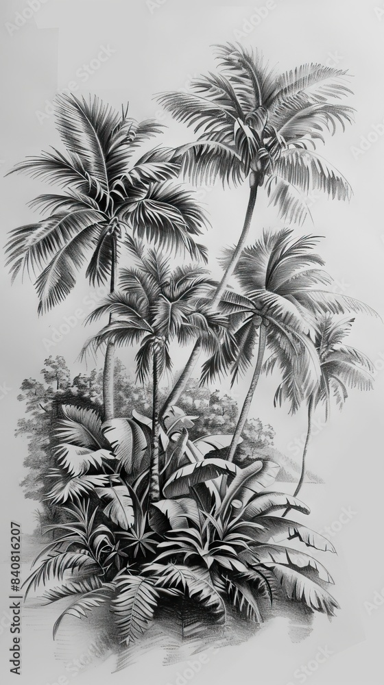 Seamless Border Hand Drawn Black and White Lithography Illustration Retro Style Design. Tropical wallapaper. AI generated illustration Seamless Border Hand Drawn Black and White Lithography Illustration Retro Style Design. Tropical wallapaper. AI generated illustration